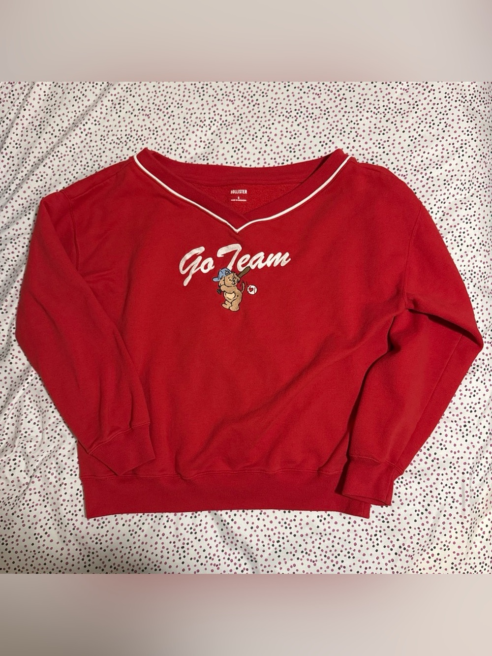 Hollister Red V-Neck 'Go Team' Sweater with Bear Graphic